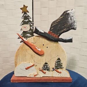 Festive NWT Wooden Snowman Decor with Black Hat